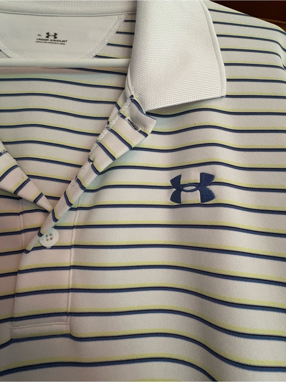 Under Armour Men’s White Polo with Navy and Lime Stripes
